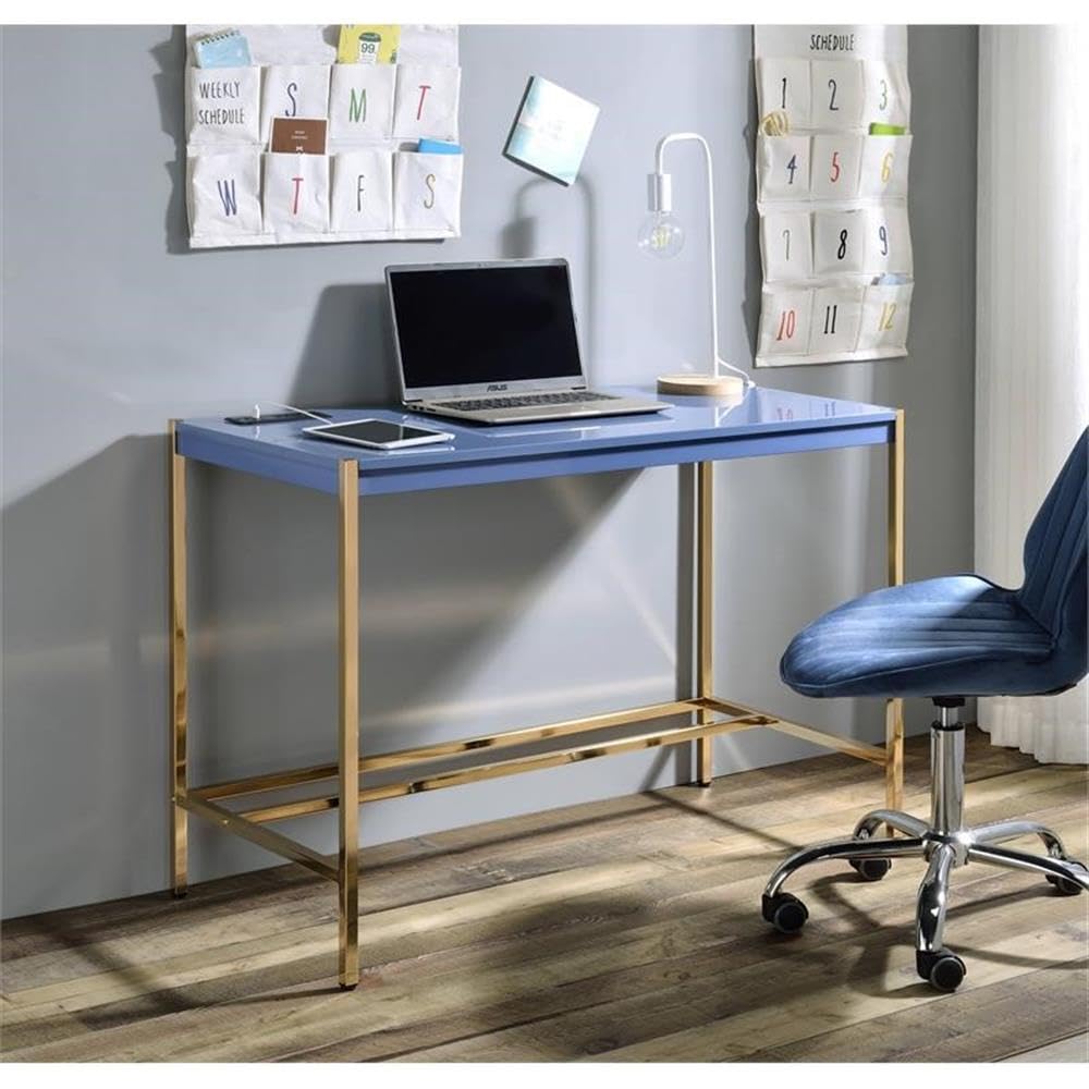 Acme Midriaks Wooden Top Writing Desk with USB Port in Navy Blue and Gold