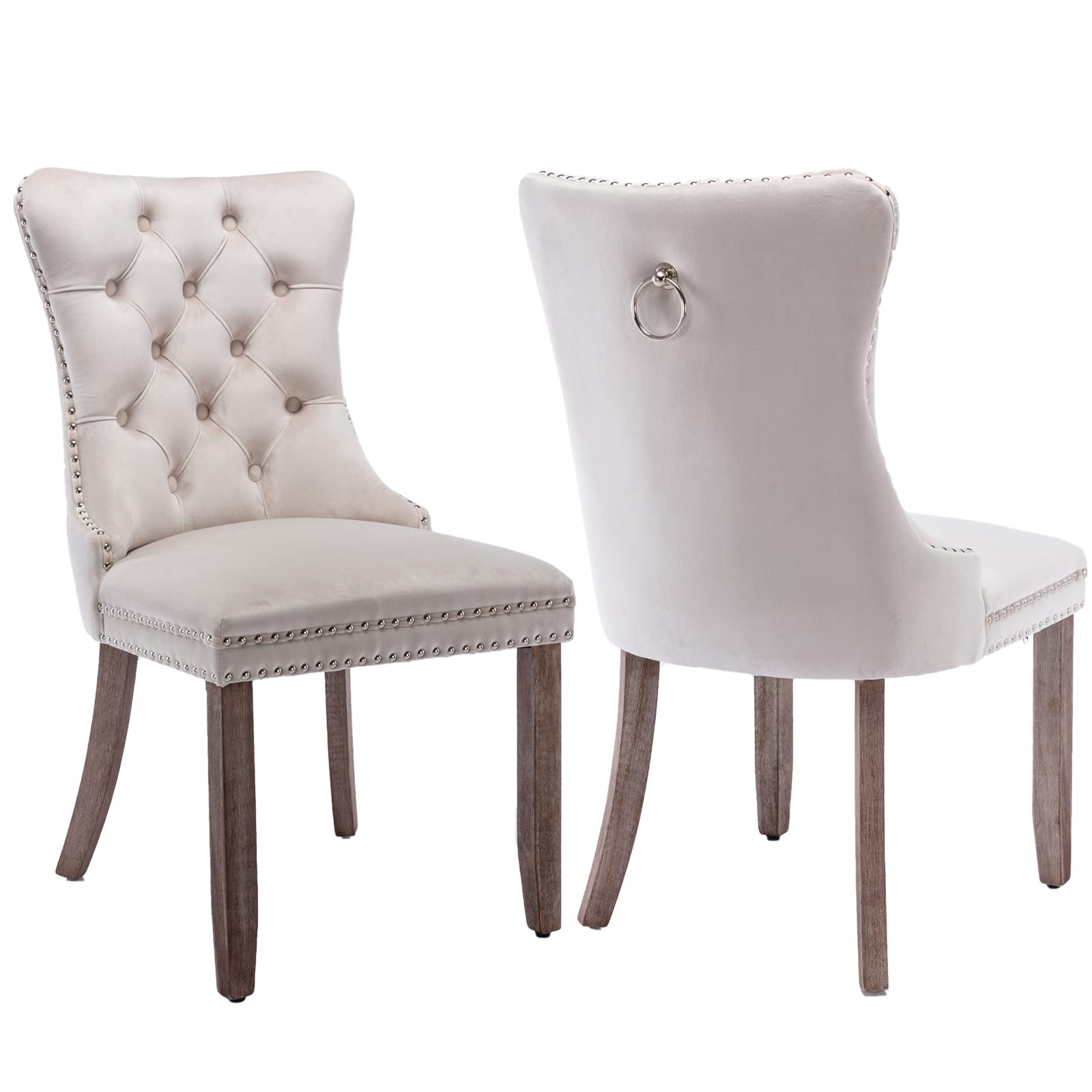 Beige Velvet Dining Chairs Set Of 2, Upholstered Dining Room Chairs With Back Ring Pull Trim And Solid Wood Legs, Tufted Wingbac
