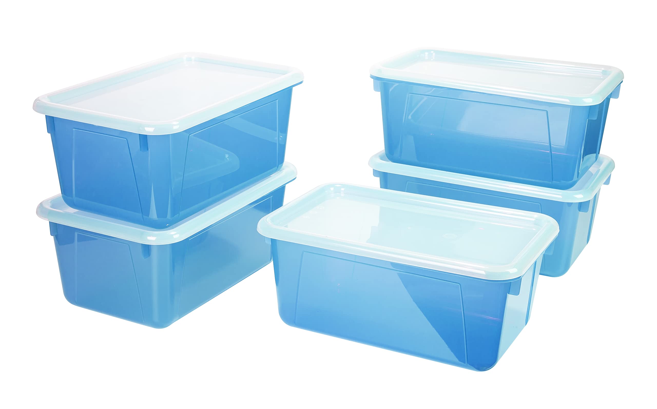 Storex Small Cubby Bins - Plastic Storage Containers for Classroom with Non-Snap Lid, 12.2 x 7.8 x 5.1 inches, Tint Teal, 5-Pack