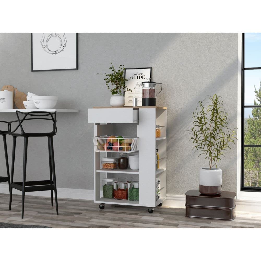 HomeRoots White-Light Oak Sleek White and Light Oak Portable Kitchen Cart