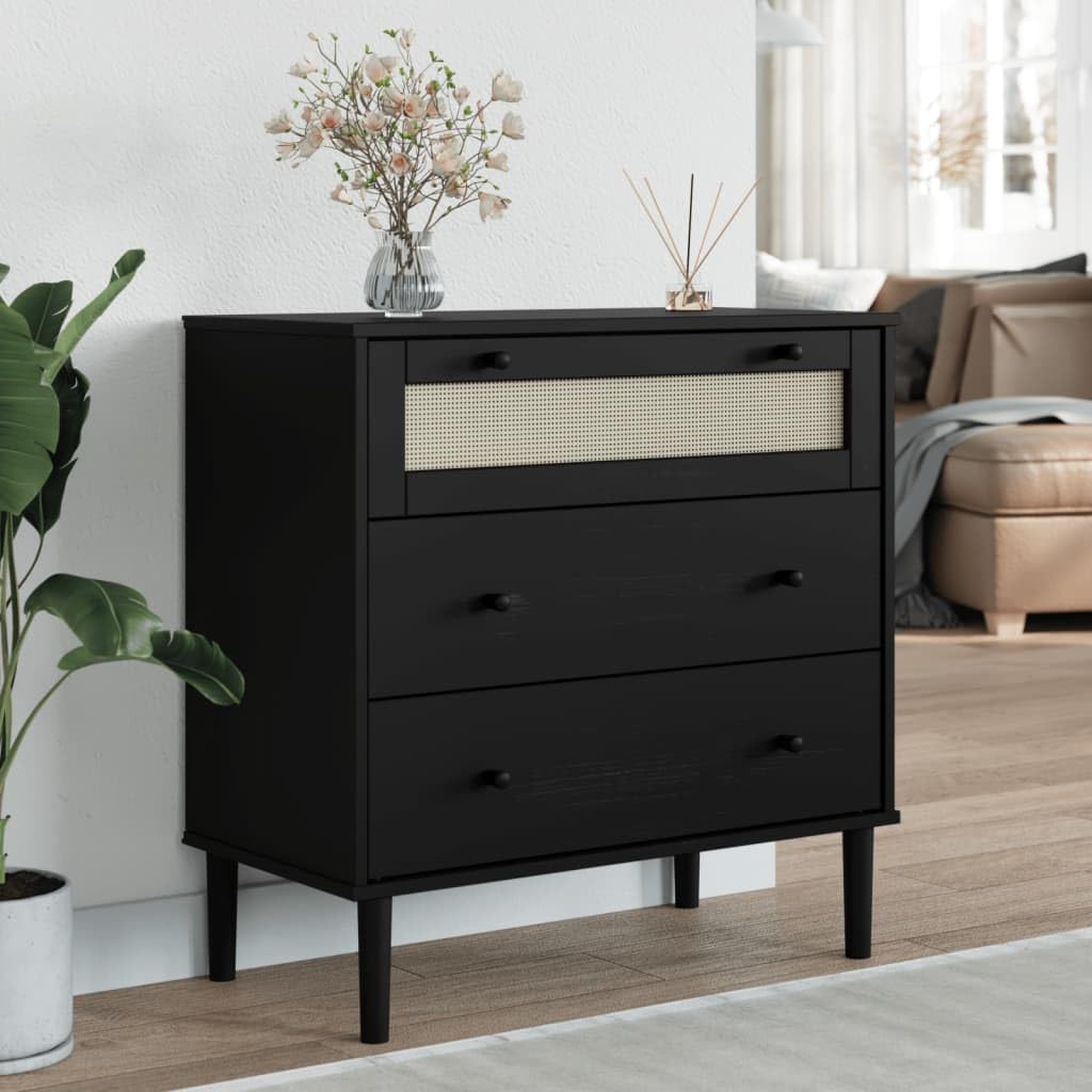 vidaXL SENJA Drawer Cabinet Black - Solid Pine Wood Construction, UV Varnished Finish, Three Drawers, Handcrafted Poly Rattan Top Drawer, Sturdy Top for Decorations