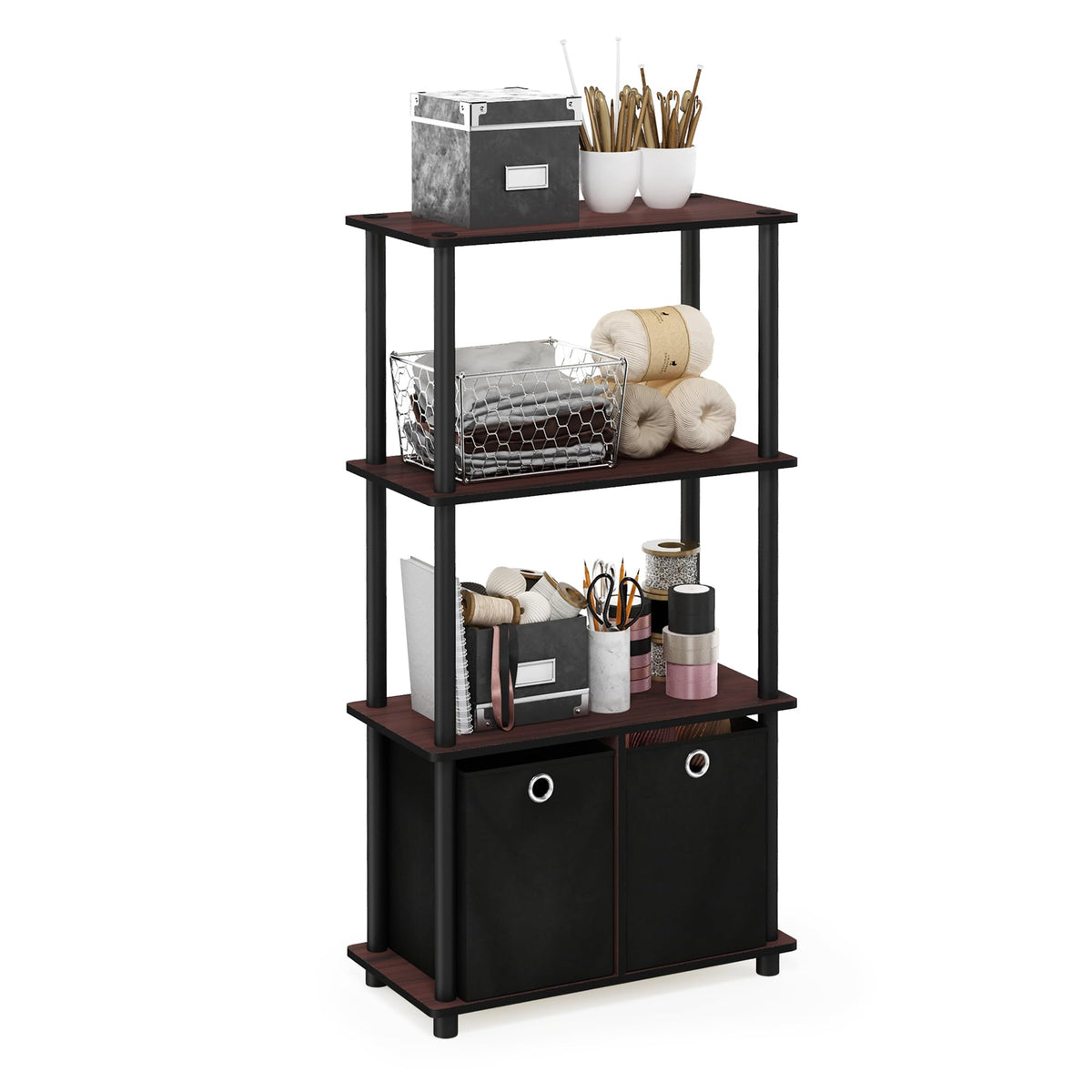 Furinno Nw889Dc/Bk Go Green 4Tier Multipurpose Storage Rack W/Bins, Dark Cherry/Black
