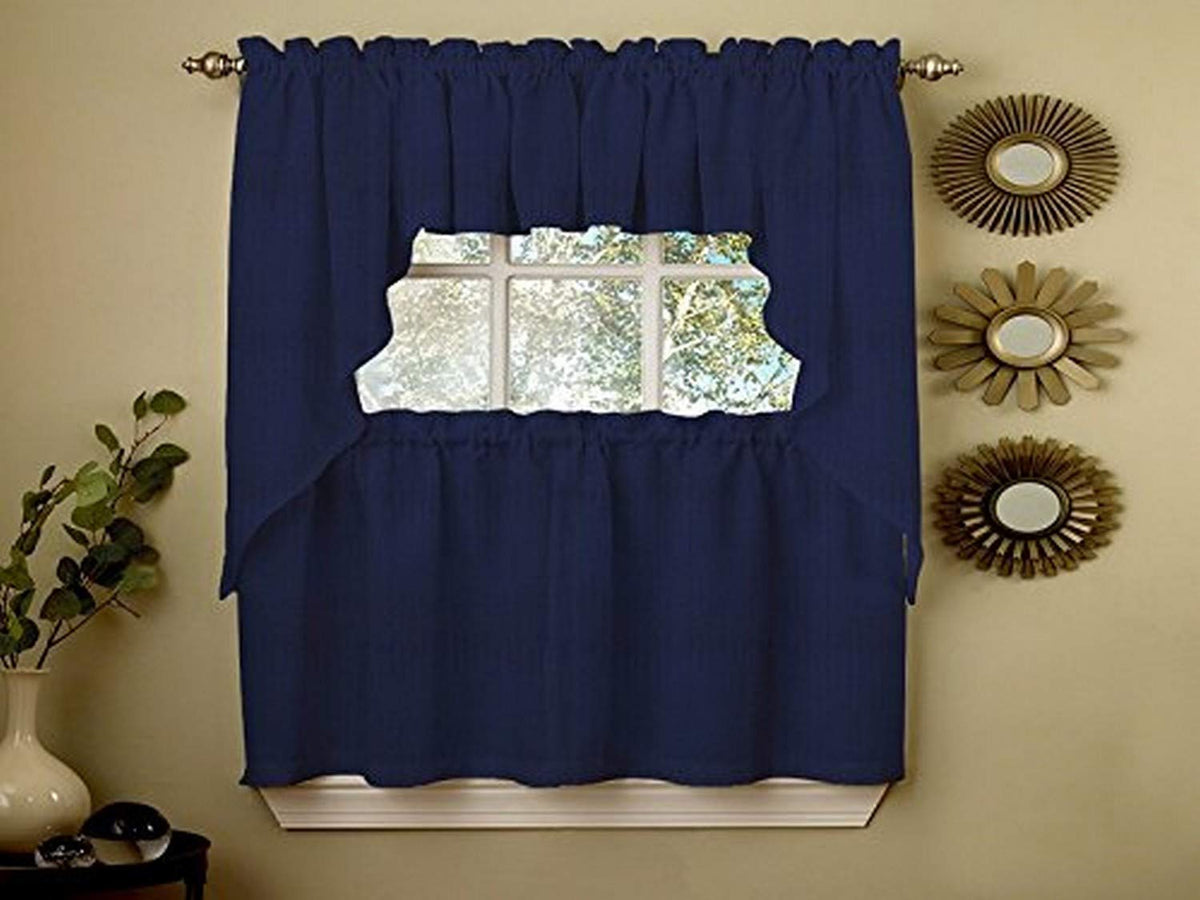 Sweet Home Collection 5 Pc Kitchen Curtain Set-Valance Swag Choice Of 24' Or 36' Tier Pair, Ribcord Navy