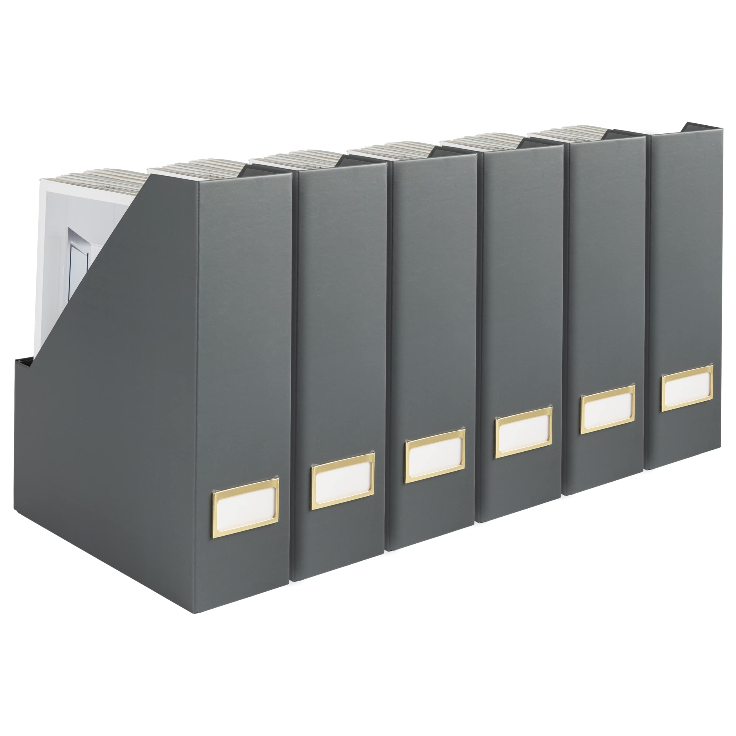 BLU MONACO D  cor and Organization with a Set of 6 Cute Magazine Holders, Foldable File Boxes in Grey with Gold Label Holders - 