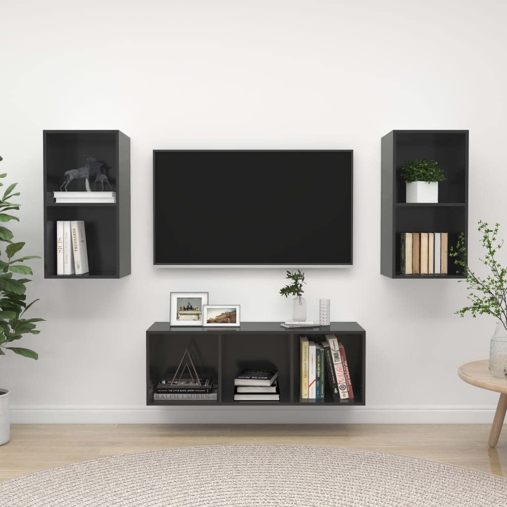 vidaXL 3 Piece TV Stand Set - High Gloss Gray Engineered Wood - Hanging, Wall-Mounted Storage Cabinets - Easy to Clean and Assemble - Ideal for Modern Living Room Decor
