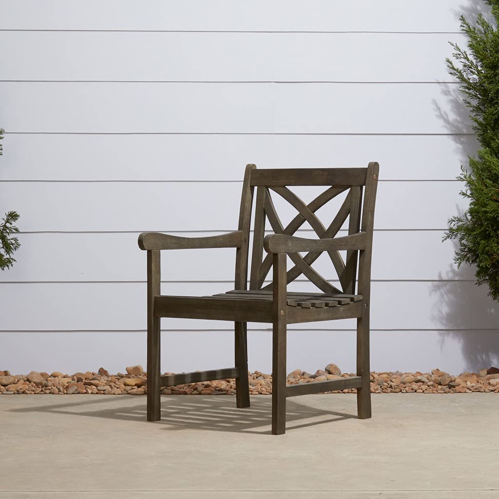 HomeRoots Gray Wood: Eucalyptus Distressed Patio Armchair with Decorative Back