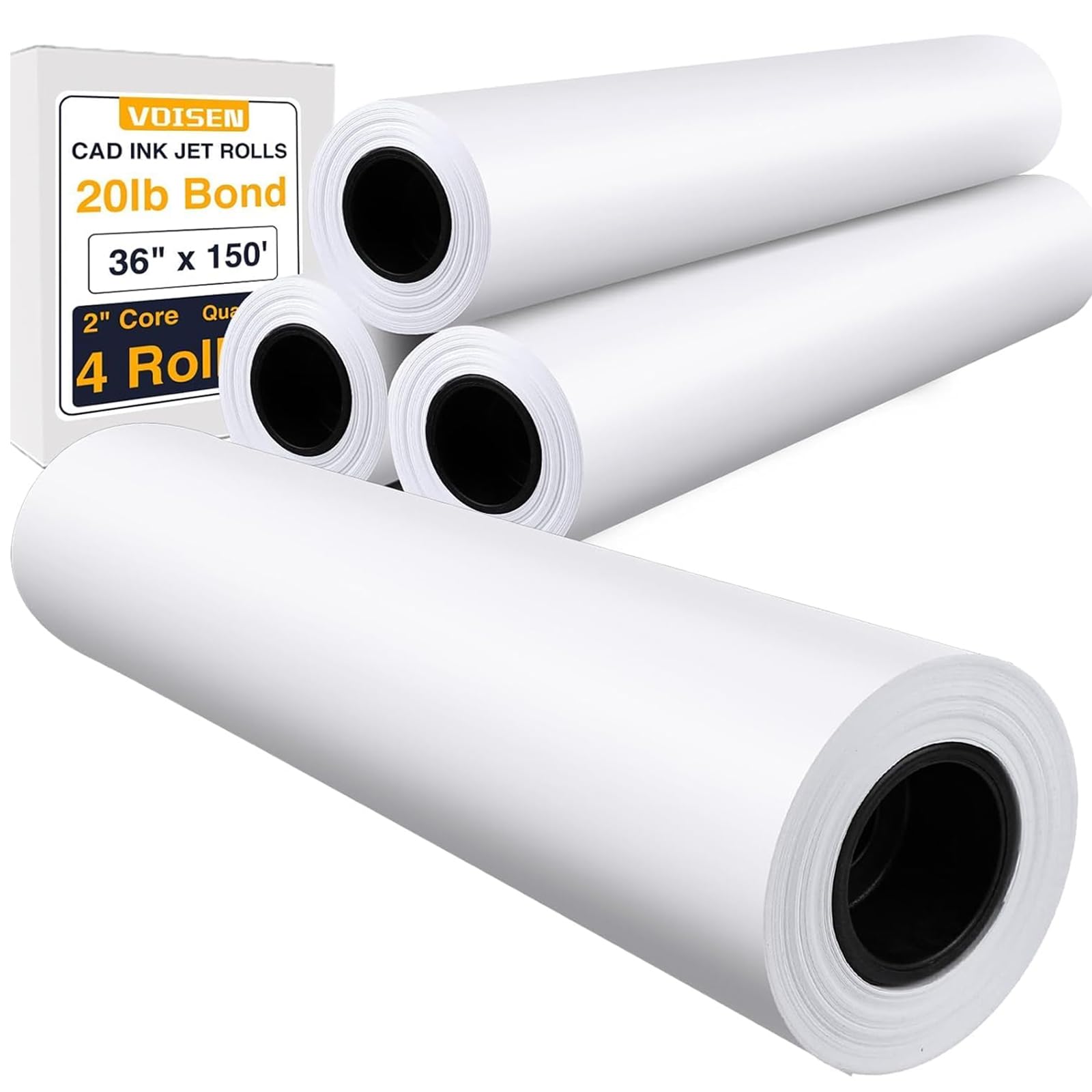 Voisen Wide Format Paper,4 Rolls Plotter Paper 36 In X 150 Ft, 20Lb Cad Bond Rolls On 2' Core For Cad Printing On Wide Format I
