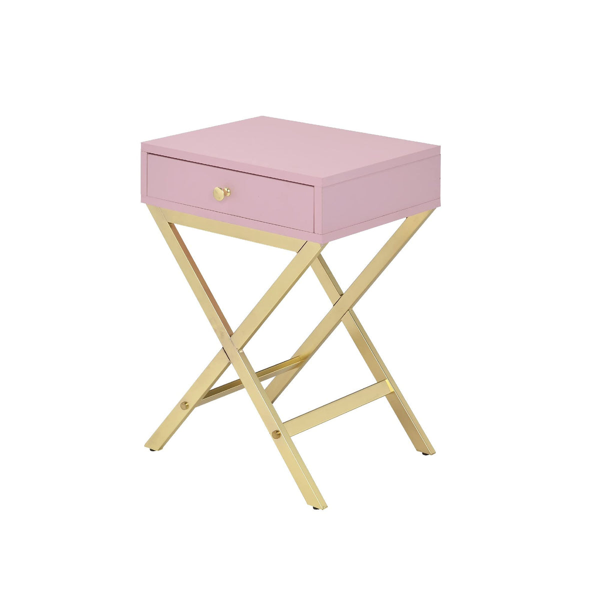 Benjara, Pink and Gold Wood and Metal Side Table with Crossed Base