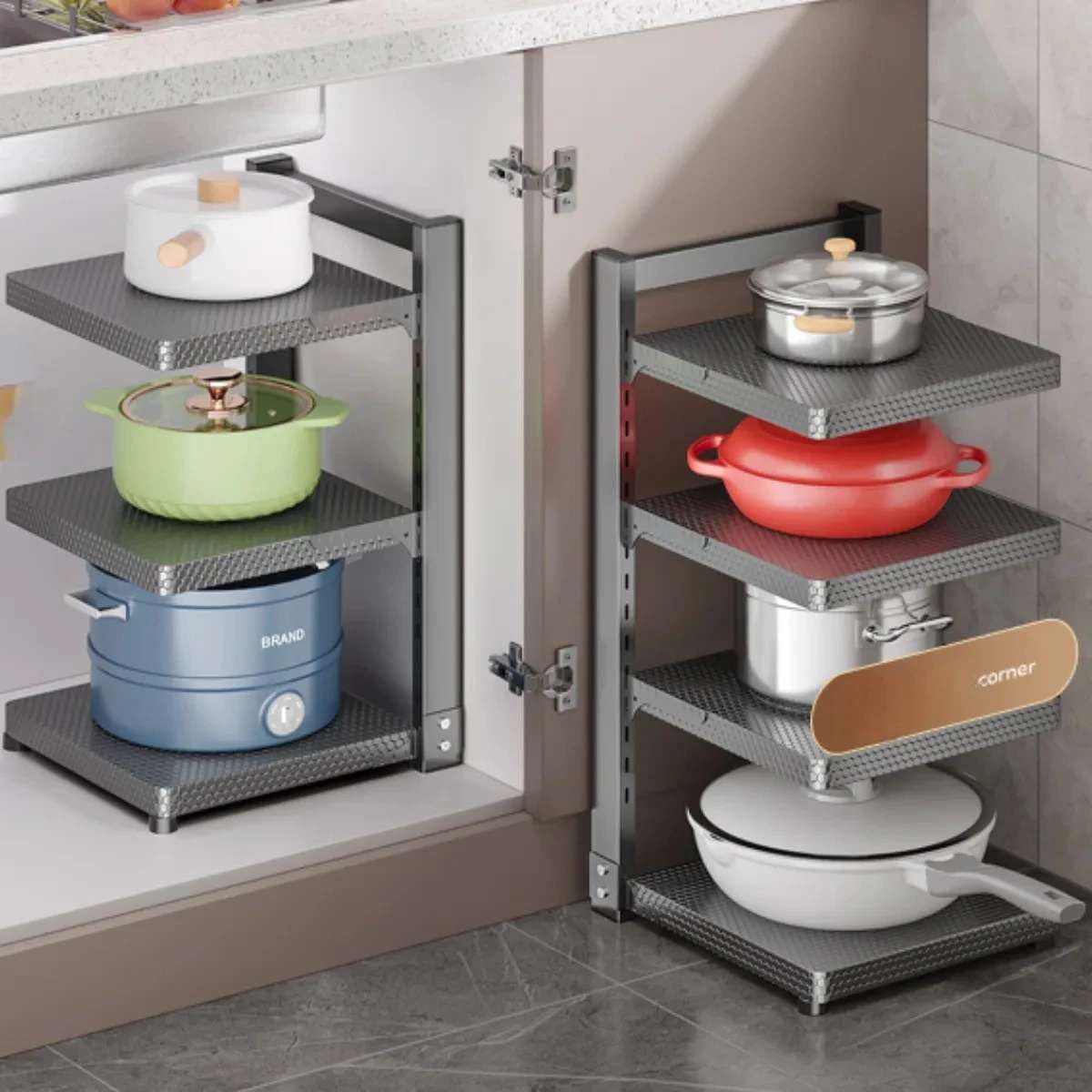 Adjustable Kitchen Cabinet Organizer: Maximize UnderSink & Corner Space With Layered Storage Rack