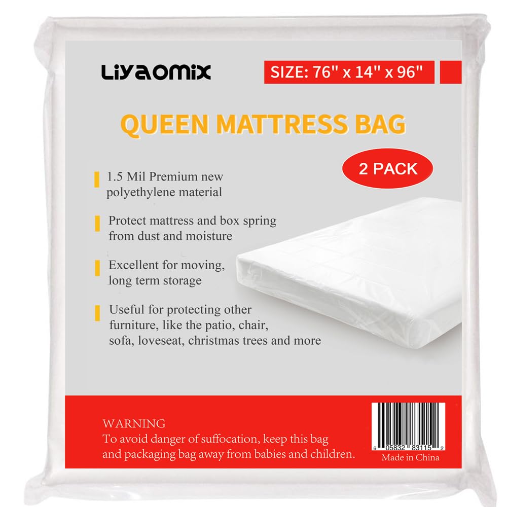 Liyaomix 2 Pack Queen Mattress Bags For Moving And Storage, 1.5 Mil 76' X 96' Clear Plastic Disposal Mattress Bags Covers