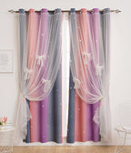 Yancorp Curtains For Girls Bedroom Kids Curtain Hollow-Out Star Window Nursery Curtain 63 Inches Length Room Darkening Grommet 2 Layers (Purple Pink Grey, W34 X L63)