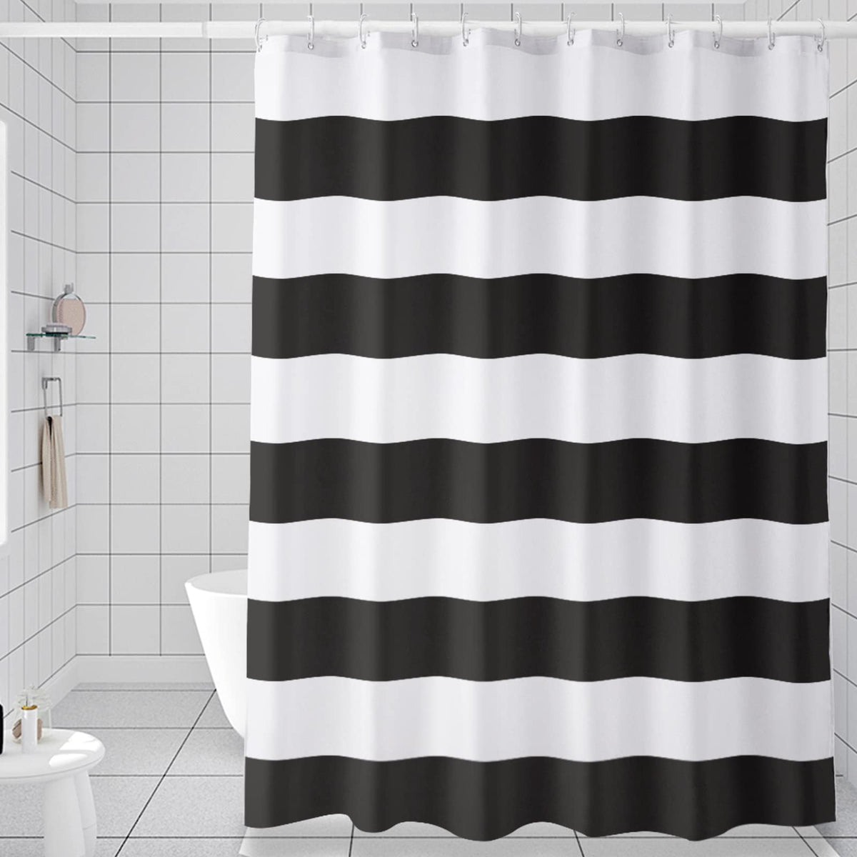 Amazerbath Black Shower Curtain Stripes, 72' W X 72' H Black And White Striped Shower Curtain, Fabric Shower Curtain For Bathr