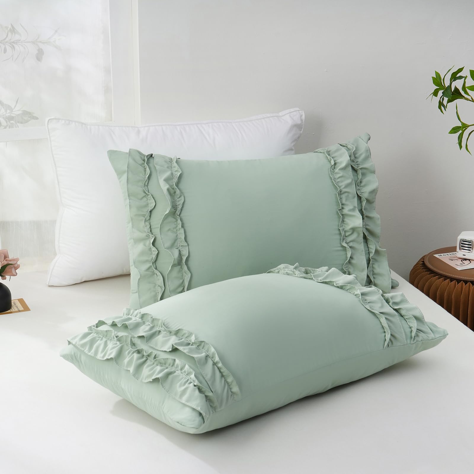 Herside Green Ruffle Pillowcase,King Size Pillowcases Set Of 2,Chic Ruffle Pillow Shams,20X36 Inches Sage Green Pillow Covers,Fr