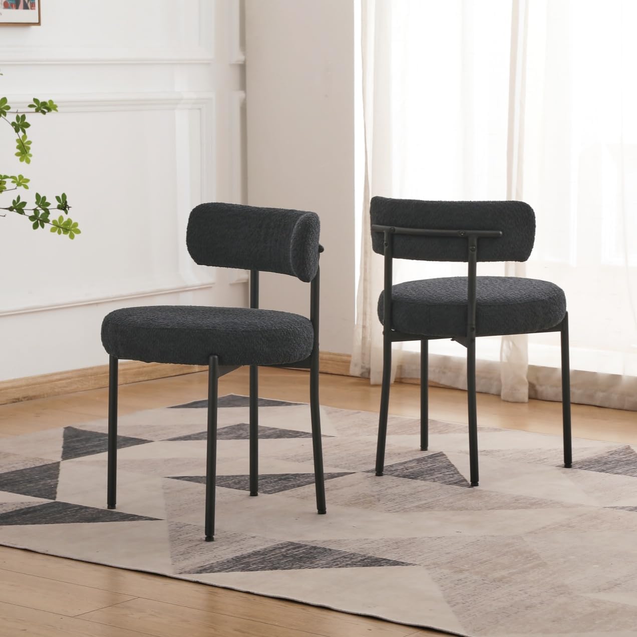 Edwell Black Boucle Dining Chairs Set Of 2, Mid Century Modern Kitchen Dining Chairs With 3.94    Cushions And Metal Legs, Round