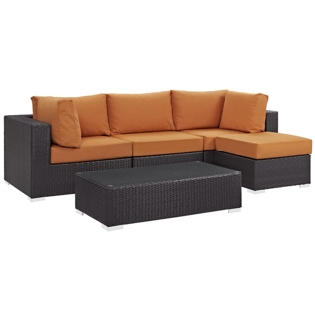 Modway Convene Wicker Rattan 5-Piece Outdoor Patio Sectional Sofa Furniture Set In Espresso Orange