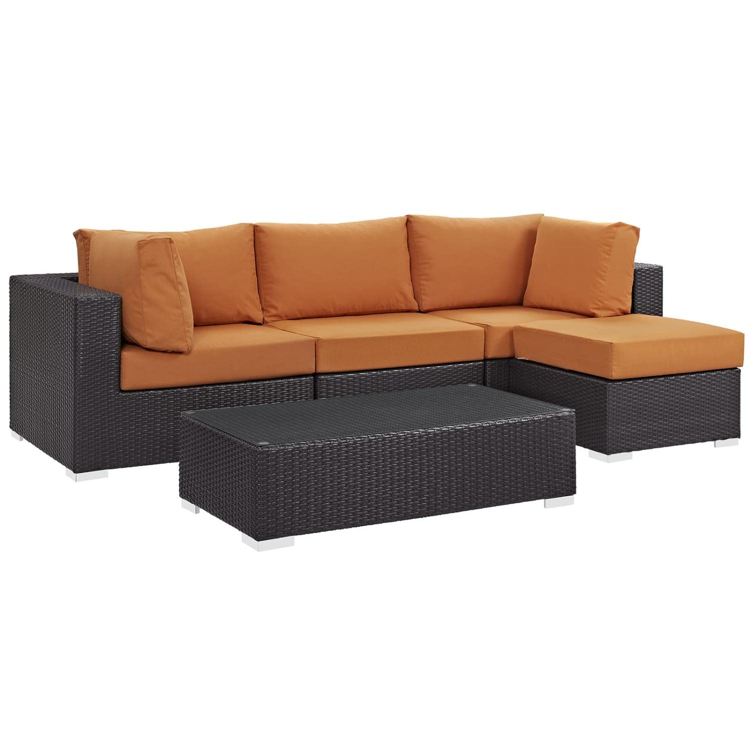 Modway Convene Wicker Rattan 5-Piece Outdoor Patio Sectional Sofa Furniture Set In Espresso Orange