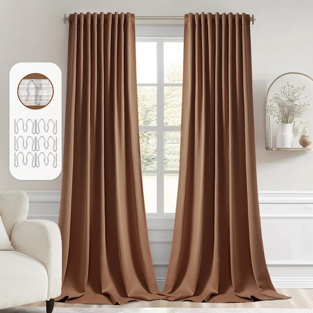 Miulee Back Tab Blackout Curtains 102 Inch Long 2 Panels Set For Living Room Bedroom, Rod Pocket/Pinch Pleated Thermal Insulated Room Darkening Light Blocking Floor To Ceiling Drapes, Cappuccino Brown
