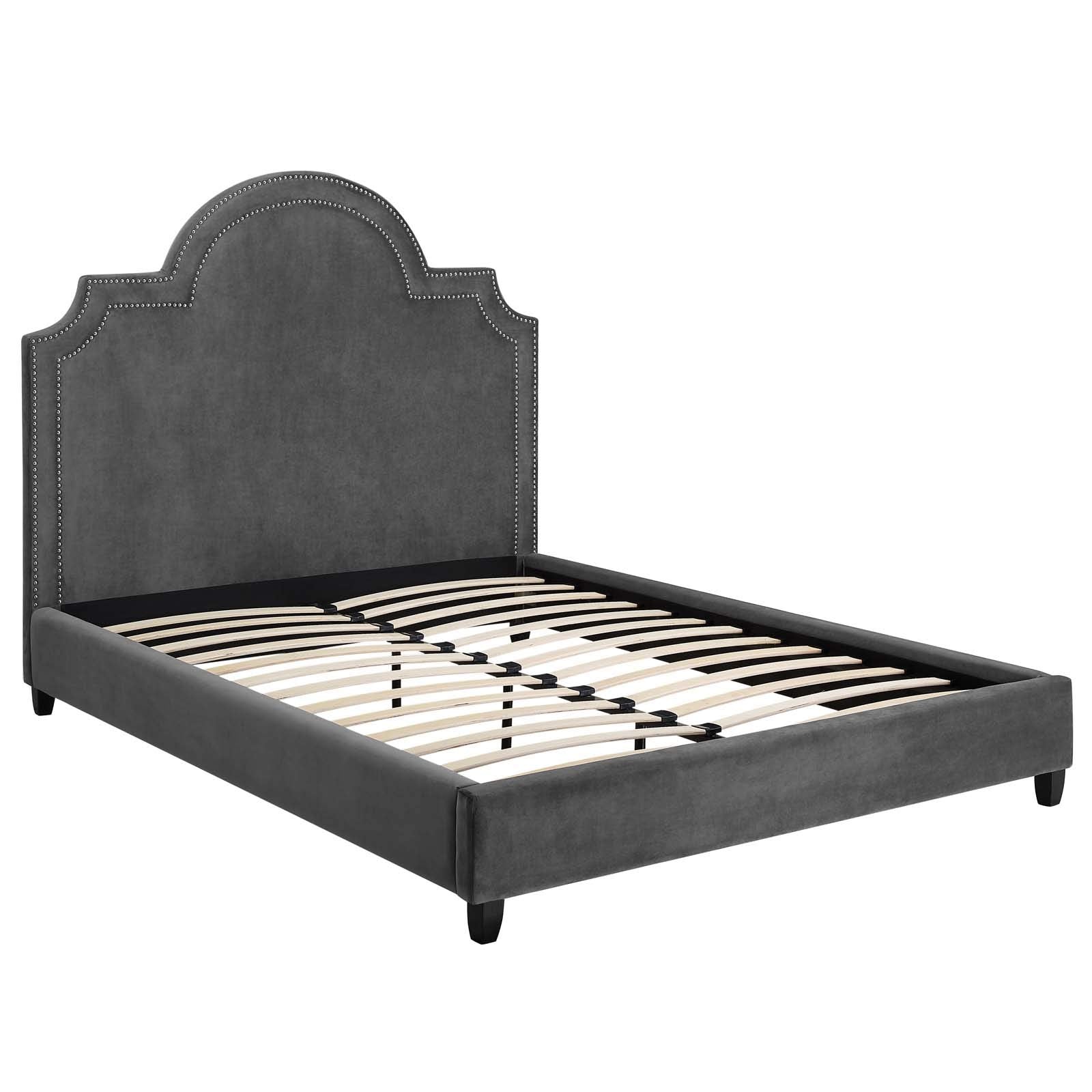Modway Primrose Performance Velvet Queen Platform Bed With Nailhead Trim In Gray