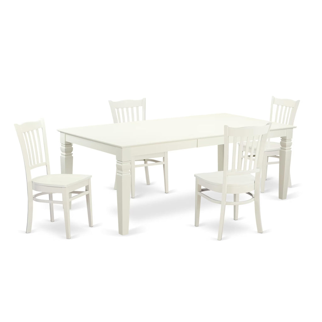 East West Furniture LGGR5-LWH-W 5 Piece Dining Room Table Set Includes a Rectangle Wooden Table with Butterfly Leaf and 4 Kitchen Dining Chairs, 42x84 Inch, Linen White