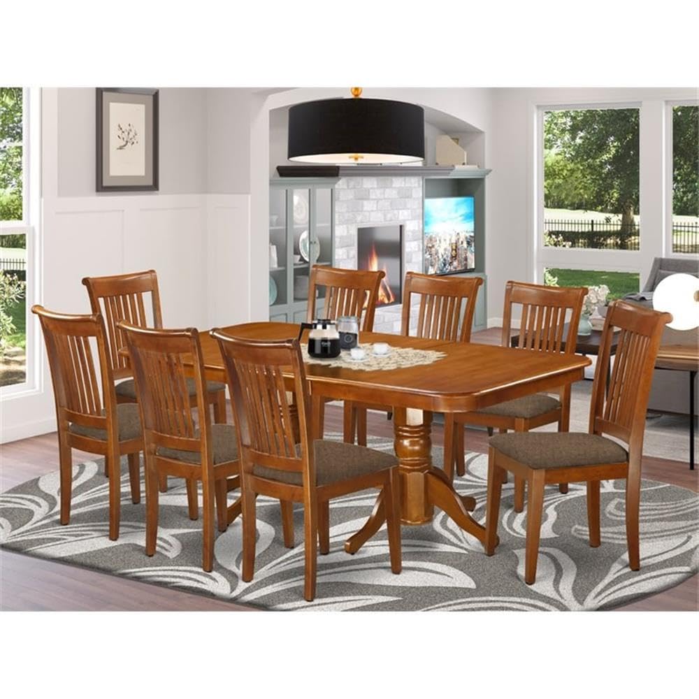 East West Furniture NAPO9-SBR-C 9 Piece Dining Room Set Includes a Rectangle Kitchen Table with Butterfly Leaf and 8 Linen Fabric Upholstered Dining Chairs, 40x78 Inch, Saddle Brown