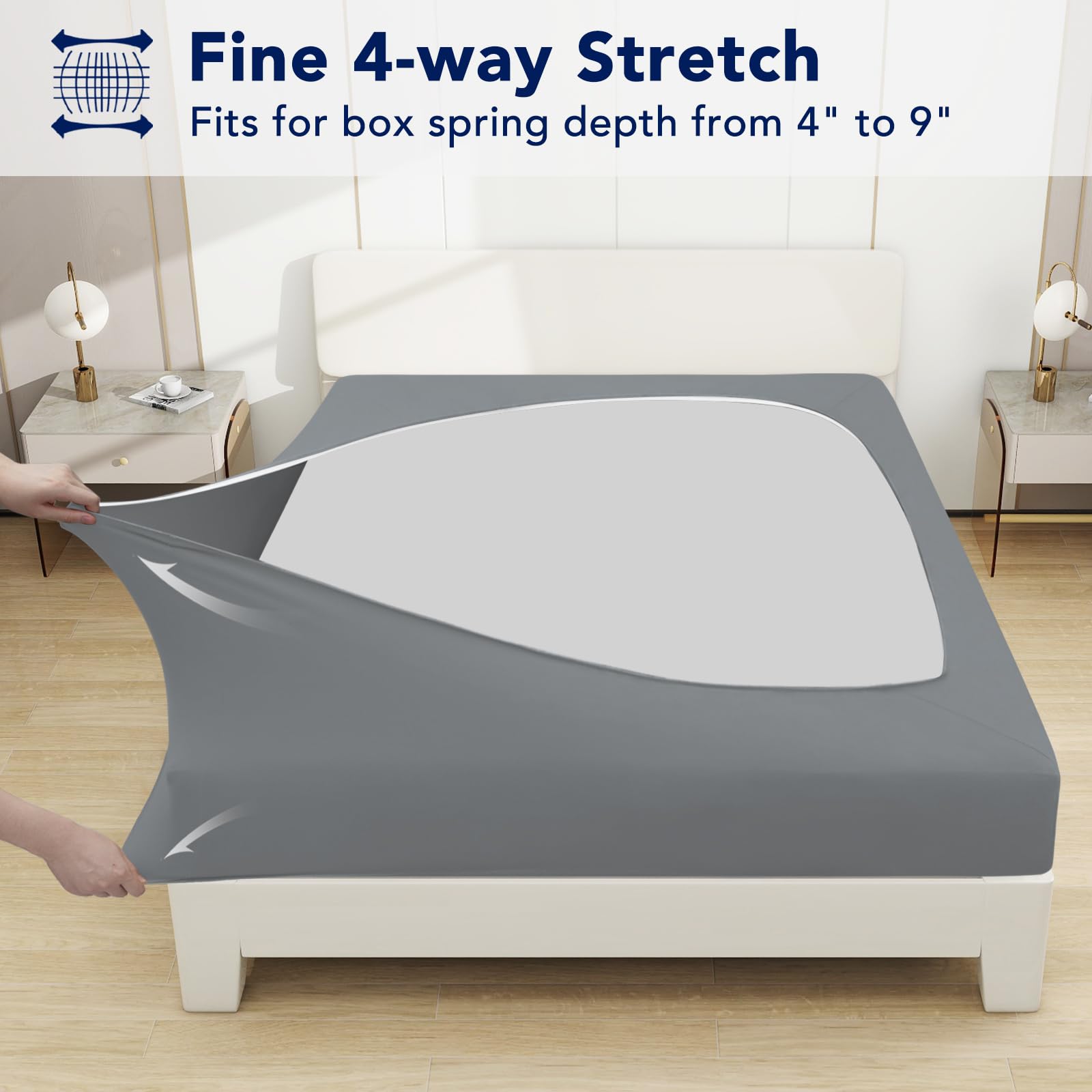 Purefit Stretchy Box Spring Cover Queen - Elastic Fitted Box Spring Wrap Around 4 Sides, Wrinkle & Fading Resistant Fits Queen Size Beds, Gray