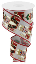 Festive Nutcrackers Wired Christmas Ribbon - 2 1/2' x 10 Yards, Red Edge, Natural Gray Ribbon, Glitter, Wreath, Gift Wrap, Gift
