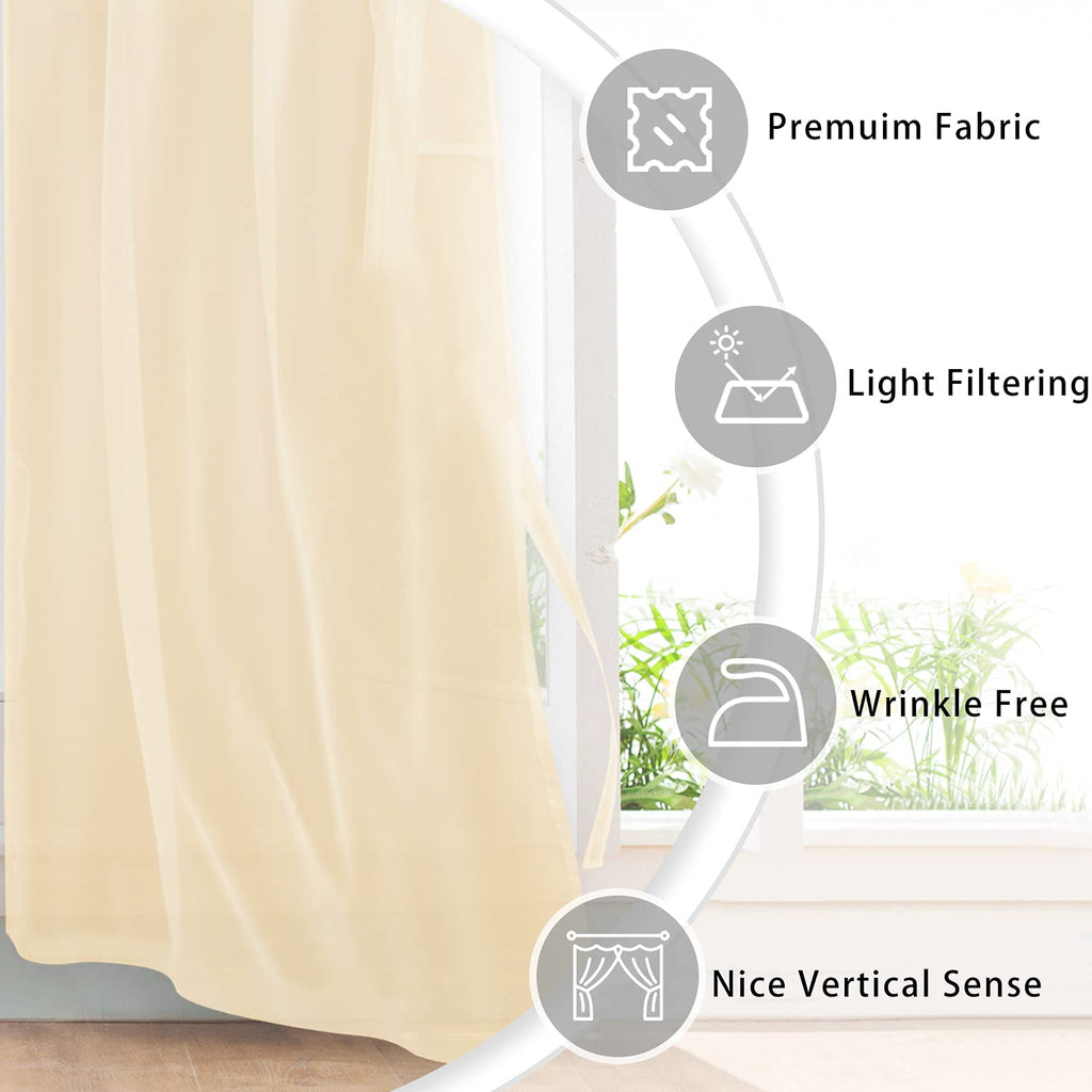 Hiasan Sheer Curtains For Living Room With Tiebacks, Grommet Top Light Filtering Airy Voile Drapes Lightweight Window Curtains For Bedroom, Nursery, Beige, W52 X L84, Set Of 2 Soft Textured Panels