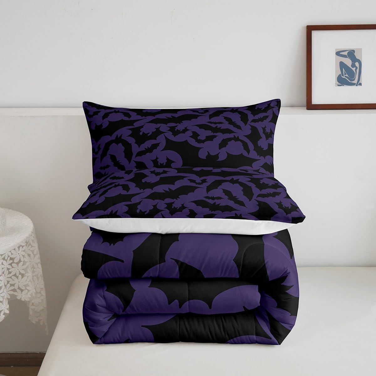 Halloween Themed Bedding Set King Size,Black Bats Animal Print Comforter Set Room Decor For Couple,Dark Purple Color Microfiber