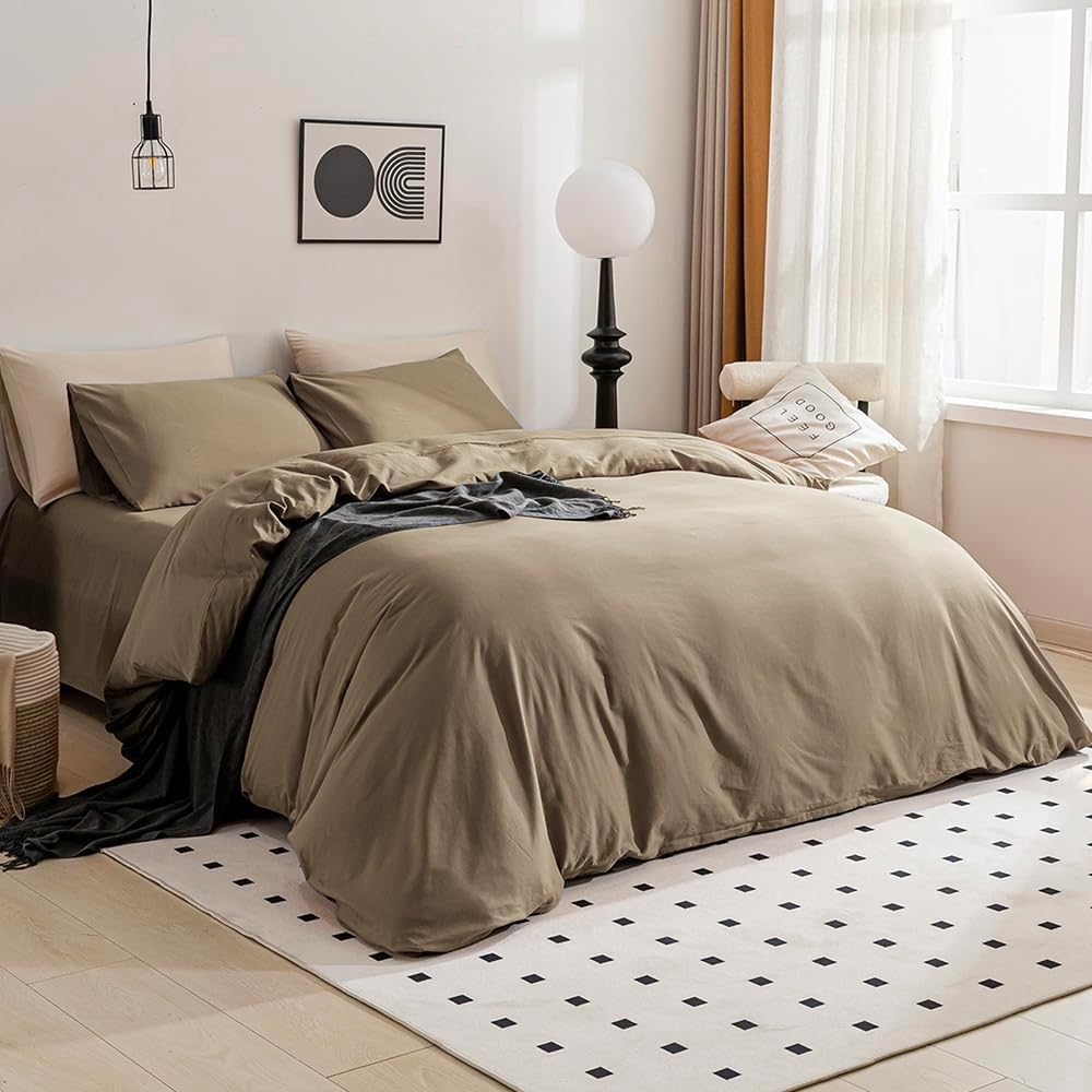 Jellymoni Khaki Duvet Cover Twin Size - 100% Washed Cotton Linen Feel Textured Comforter Cover, 2 Pieces Breathable Soft Bedding