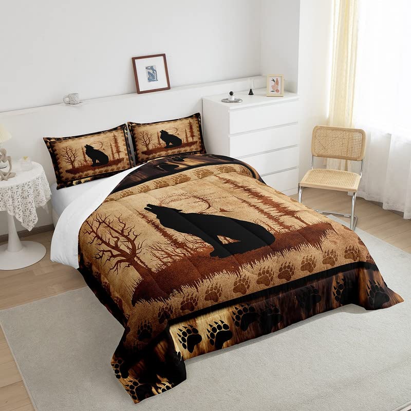 Cute Wolf Comforter Set For Girls Boys Kids Wolves Howling Bedding Set Room Decoranimal Wolves Tree Bedding Set Exotic Brown Bla