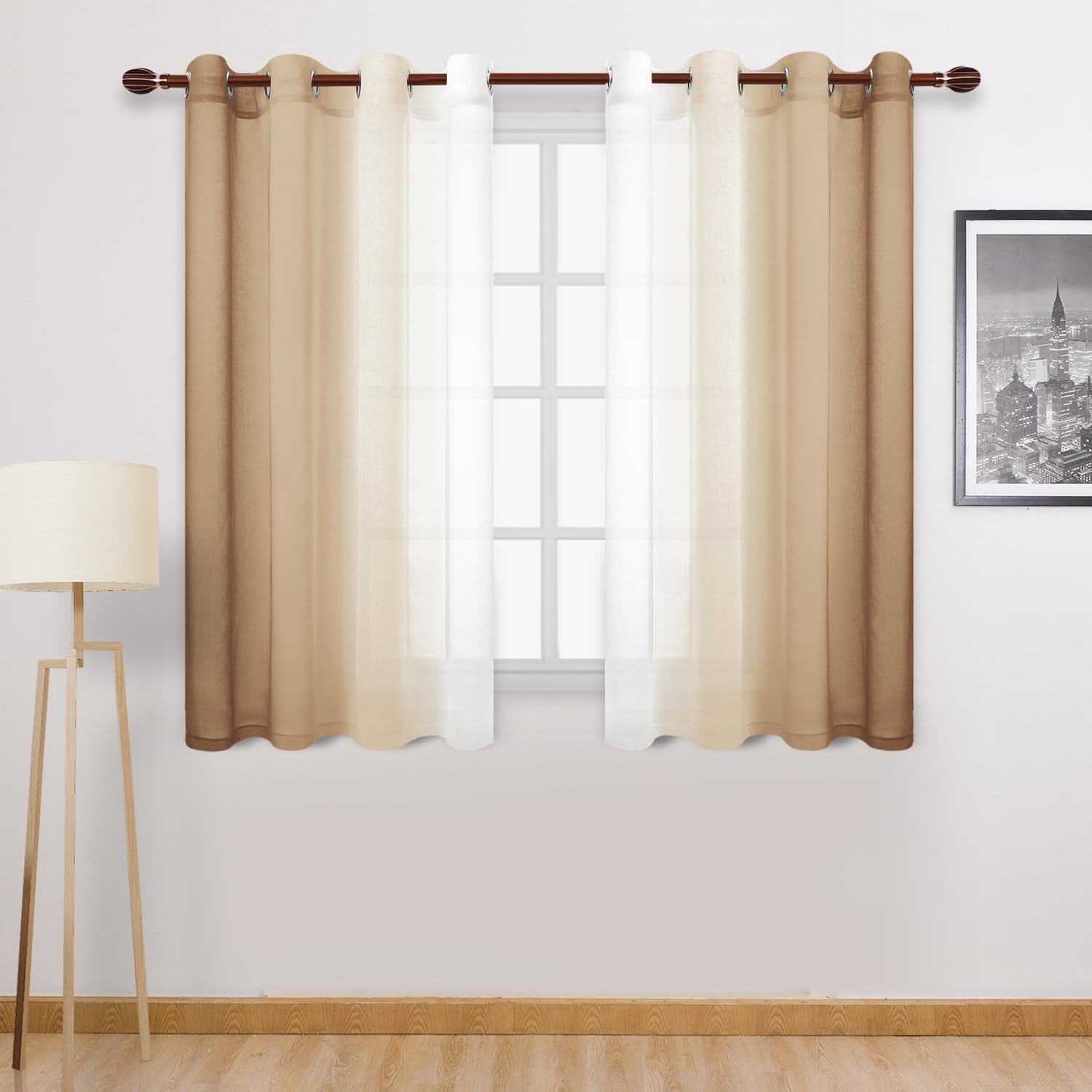 Dwcn Taupe Faux Linen Ombre Sheer Curtains - Short Curtains Gradient Semi Voile Curtains For Kitchen And Living Room, Set Of 2 G