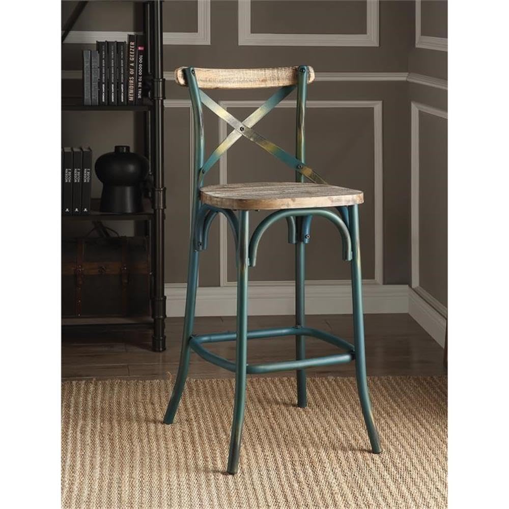Acme Zaire Bar Stool with Wooden Seat in Antique Turquoise and Antique Oak