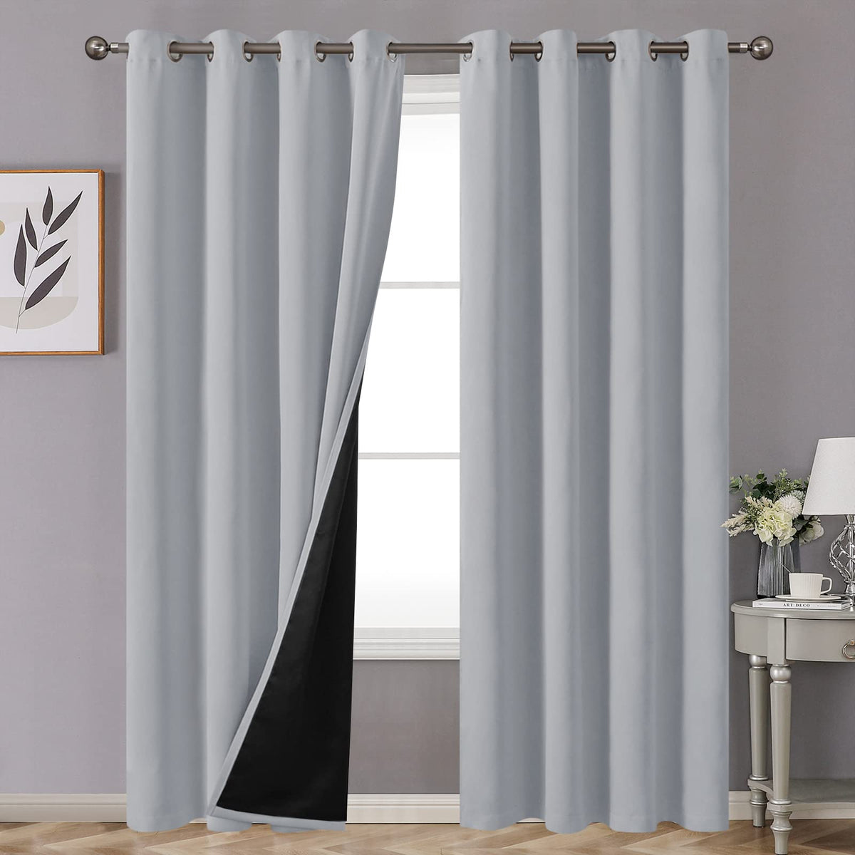 Youngstex Light Grey 100% Blackout Curtains For Living Room 84 Inches Length, Double Layer Grommet Thermal Full Room Darkening B