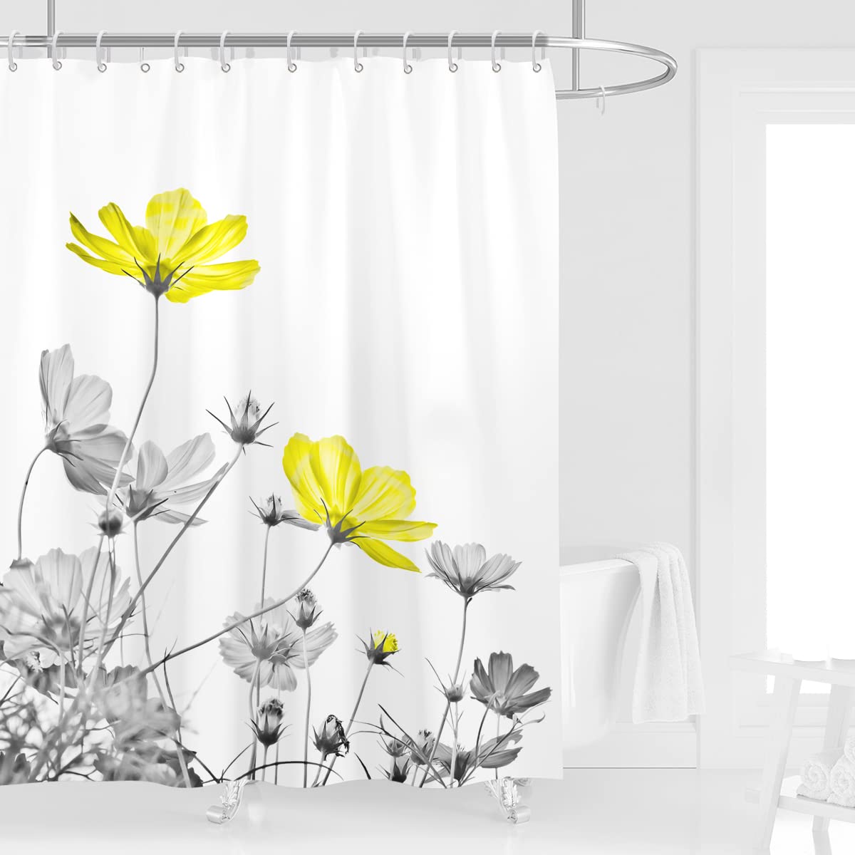 Kikiry Yellow Gray Shower Curtain 60W x 72L White Grey Flowers Wildflower Daisy Floral Ink Painting Botanical Simple Eleganc