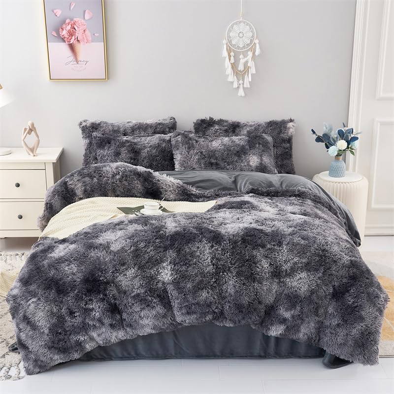 Chovy Faux Fur Tie-Dyed Black Gray White Colorful Comforter Sets Queen - 3Pc Bed Set Ultra Soft Plush Flannel Velvet Fluffy Fuzz