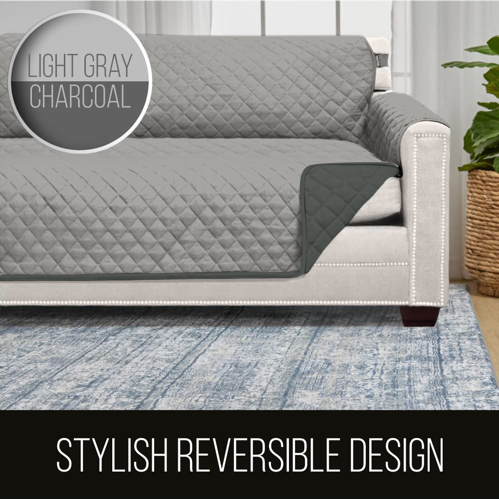 Sofa Shield Couch Slip Cover With Patented Strap, Cushion Protector, Reversible Stain And Dog Tear Resistant Slipcover, Quilted Microfiber 70” Seat, Washable Covers For Dogs Pets Kids Lt Gray Charcoal