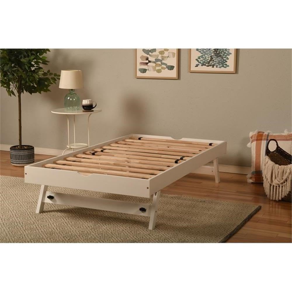 Kodiak Furniture Boho Wood Pop Up Bed in White with Linen Aqua Mattress