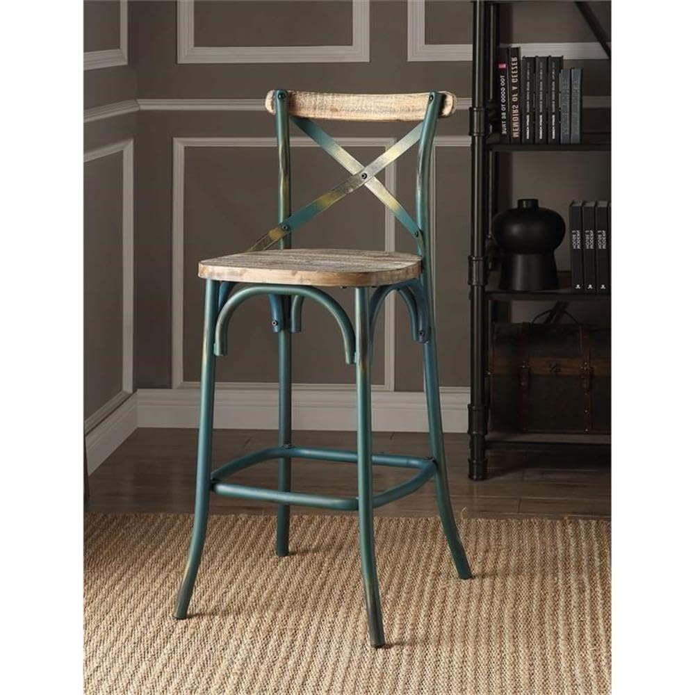 Acme Zaire Armless Bar Stool with Wooden Seat in Antique Sky and Antique Oak