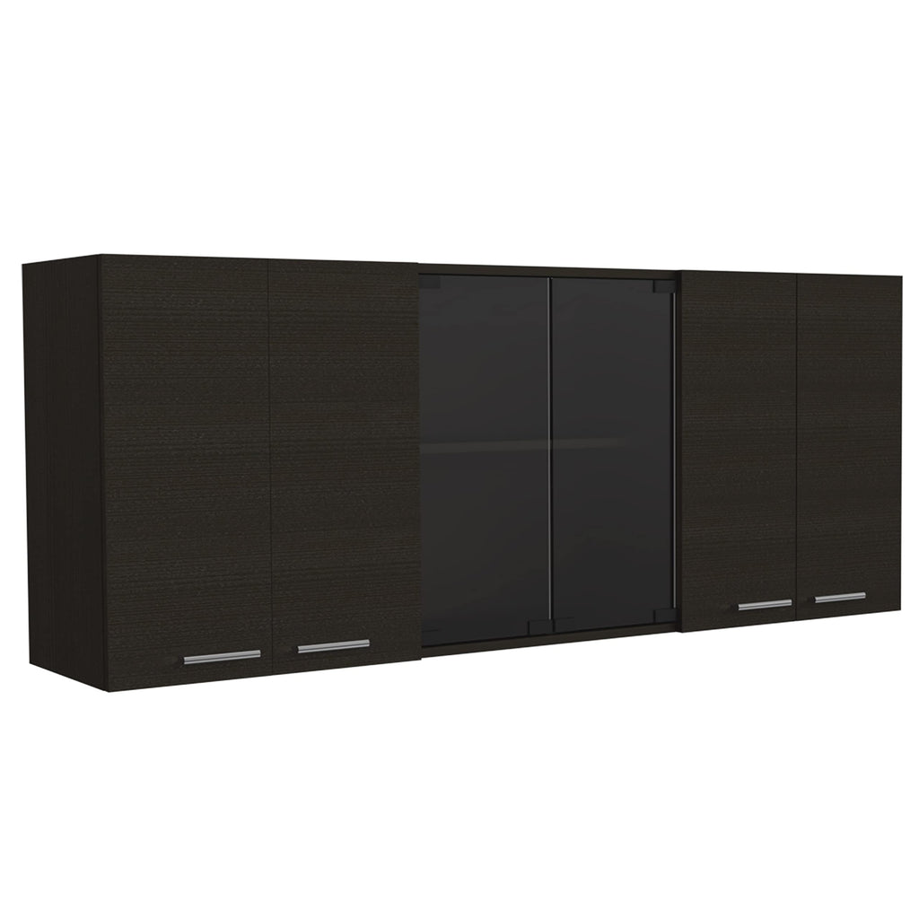 Depot E-Shop Oceana 150 Wall Cabinet With Four Doors, Two Internal Shelves, Internal Plate And Glass Organizer, Two Storage Shelves With Two Glass Doors, 24&Quot; H, Black, Kitchen