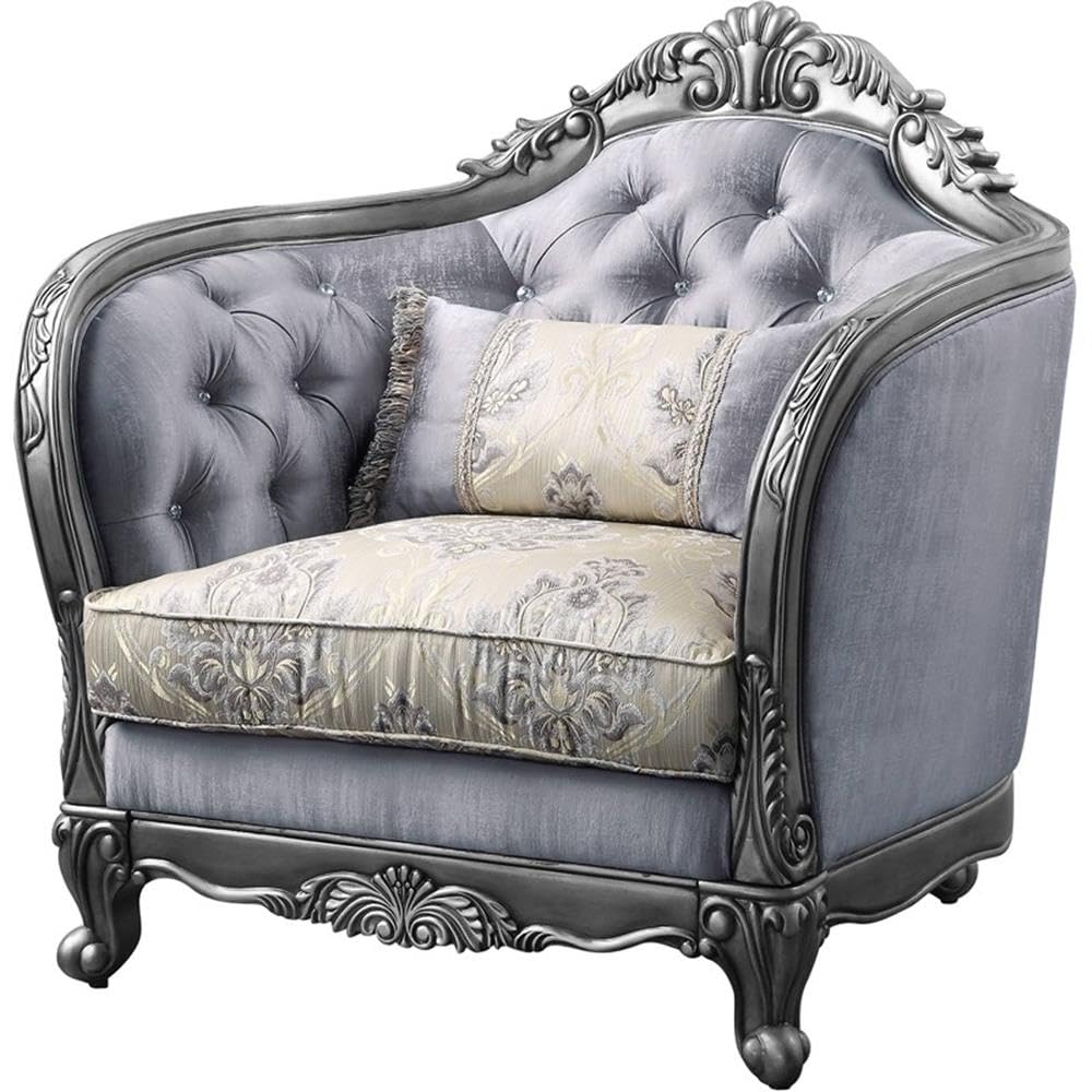 Acme Ariadne Fabric Button Tufted Chair with 1 Pillow in Platinum Gray