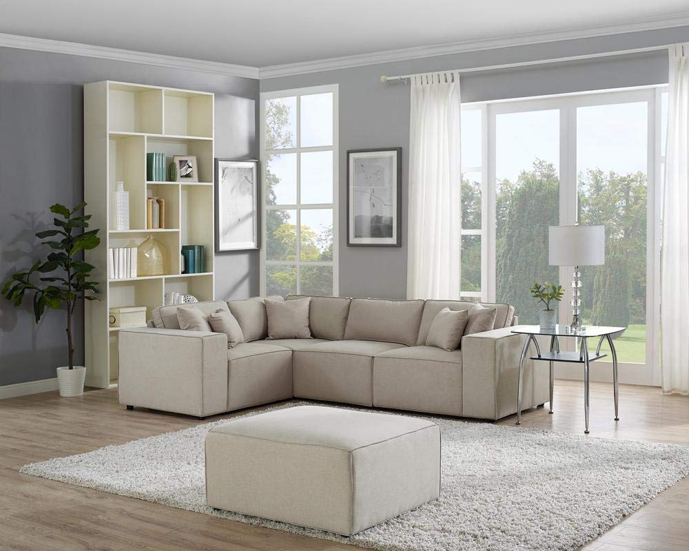 Lilola Home Melrose Modular Sectional Sofa with Ottoman in Beige Linen