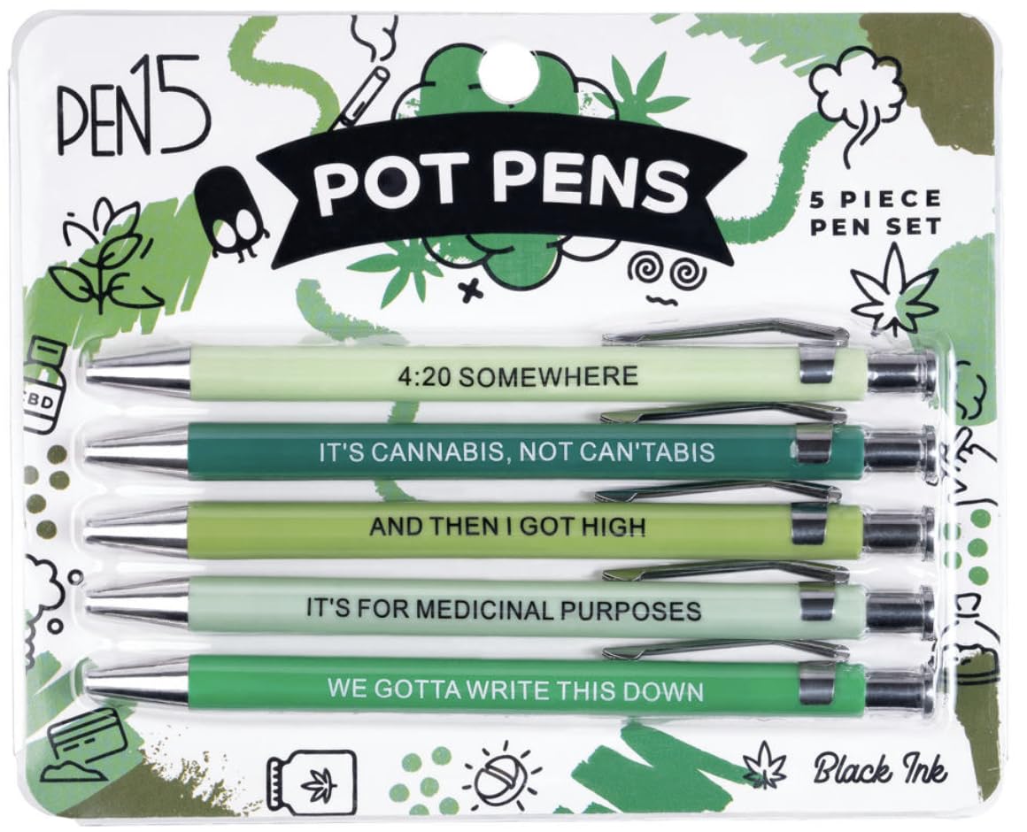 Milktoast Brands Stoner Pens 5 Piece Set, Funny Pens Snarky Office Gag Gift For Coworkers, Black Ink Ballpoint Pen Gift Sets