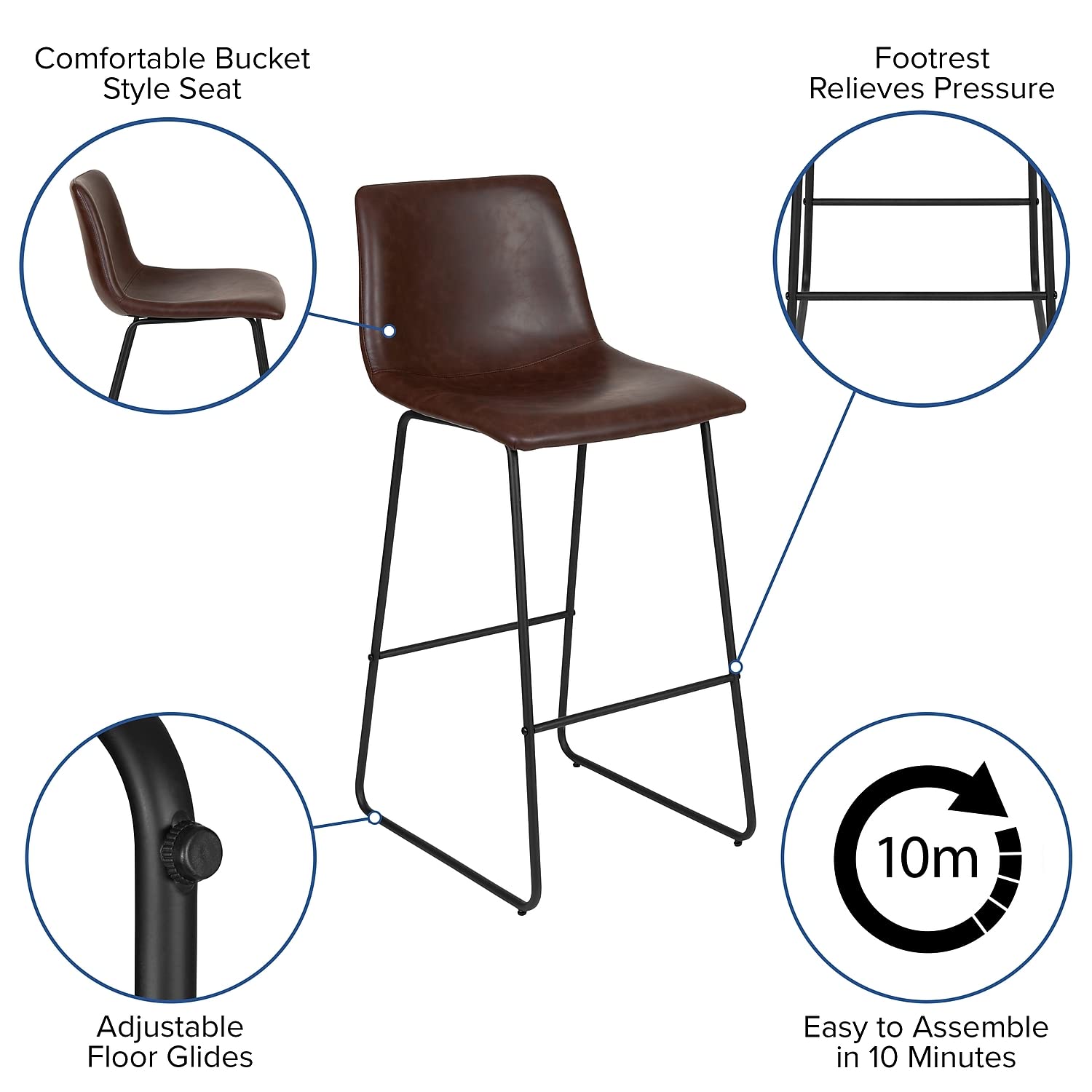Flash Furniture Reagan 30" Leathersoft Barstools With Footrest, Mid-Century Modern Bucket Style Bar Height Stools, Set Of 2, Dark Brown