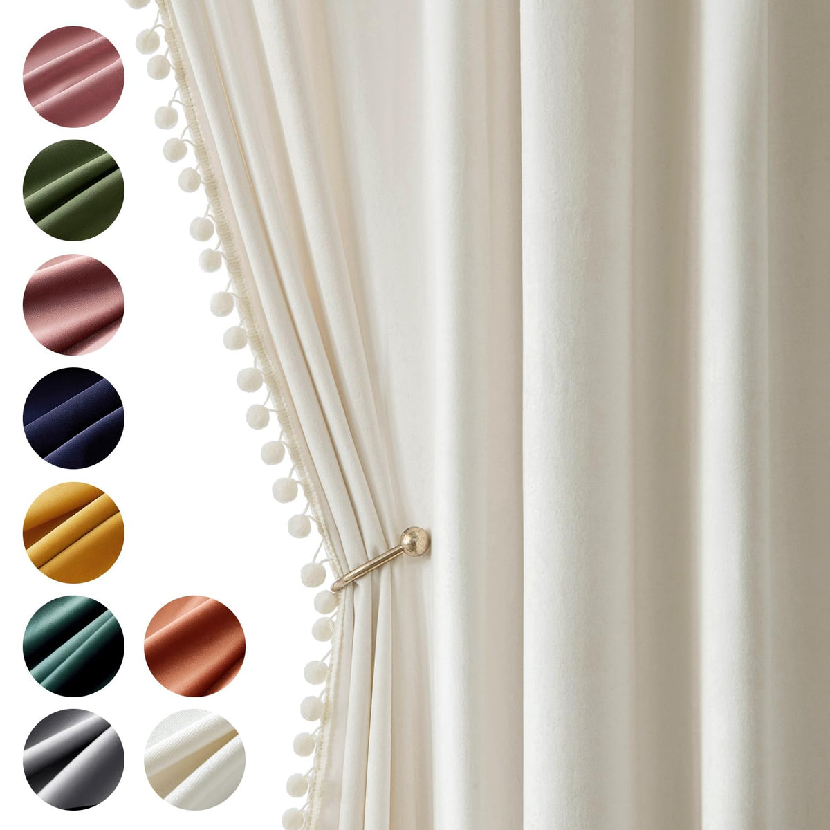 Miulee Ivory Pom Pom Velvet Curtains For Bedroom/Living Room Darkening Thermal Insulating 84 Inches Long Creamy White Blackout C
