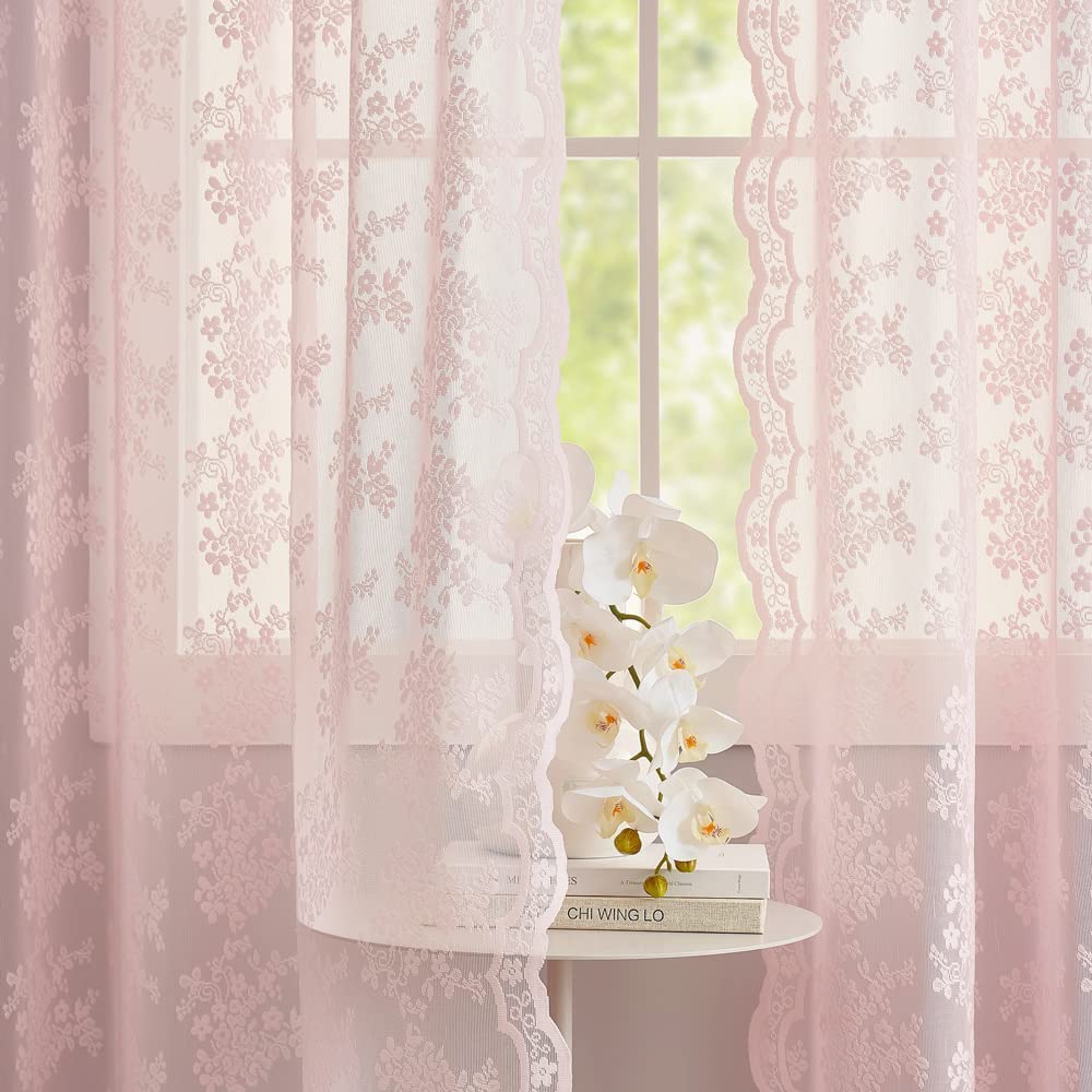 Yj Yanjun Pink Floral Curtains 54 Inch Length 2 Panels For Kitchen Vintage Lace Short Curtains For Living Room Bedroom Bathroom