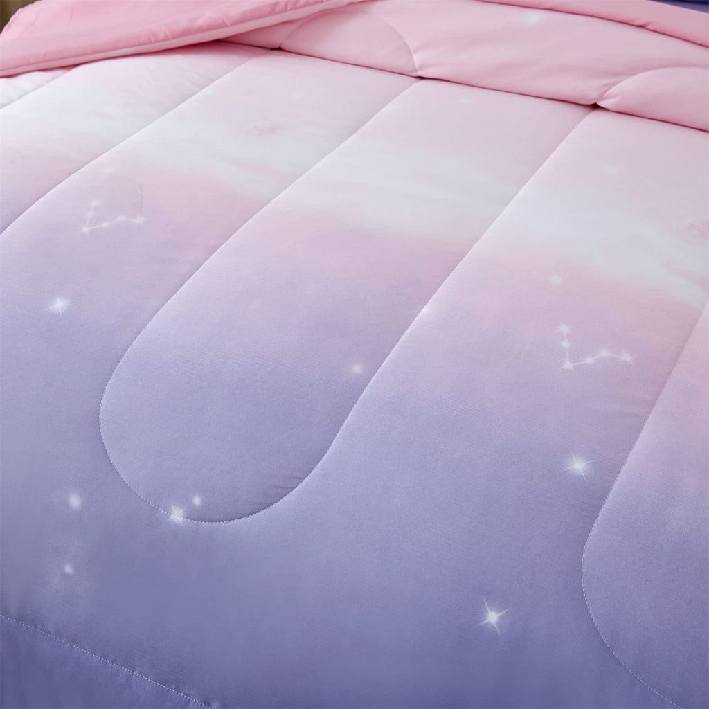 Dinjoy Girls Women Comforter Set King Size Ombre Pink Purple Rainbow Bedding Set 7 Pieces Bed In A Bag For Teen Adult (1 Comfort