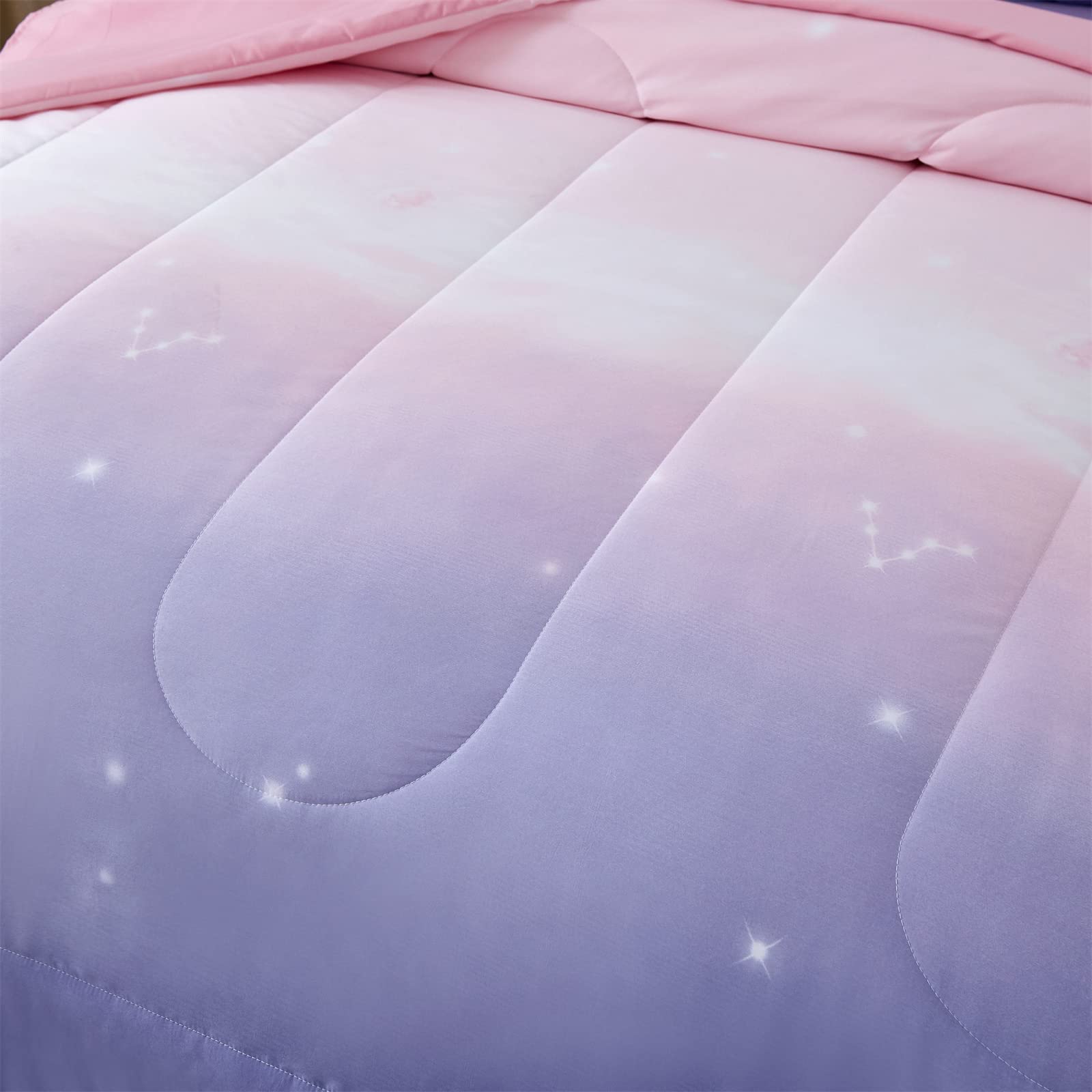 Dinjoy Girls Women Comforter Set King Size Ombre Pink Purple Rainbow Bedding Set 7 Pieces Bed In A Bag For Teen Adult (1 Comfort