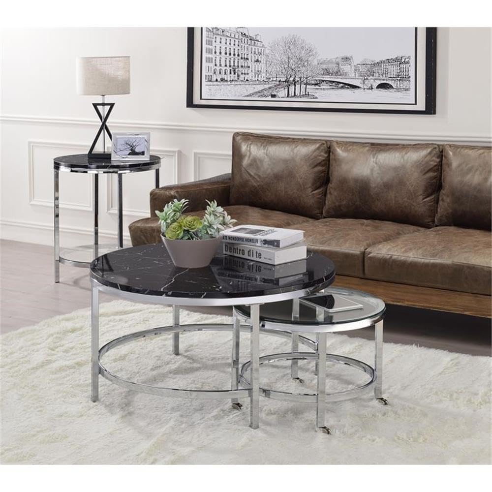 Acme Virlana Round Faux Marble Top End Table With Metal Base In Black And Chrome