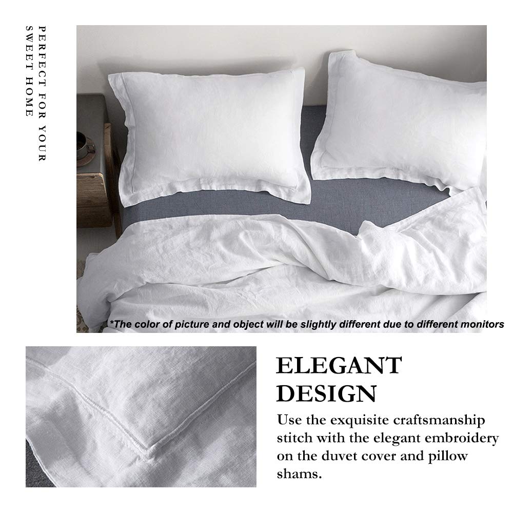 Simple&Opulence 100% Linen Duvet Cover Set With Embroidery Border Washed - 3 Pieces (1 Duvet Cover With 2 Pillow Shams) With Button Closure Soft Breathable Farmhouse - White, Queen Size
