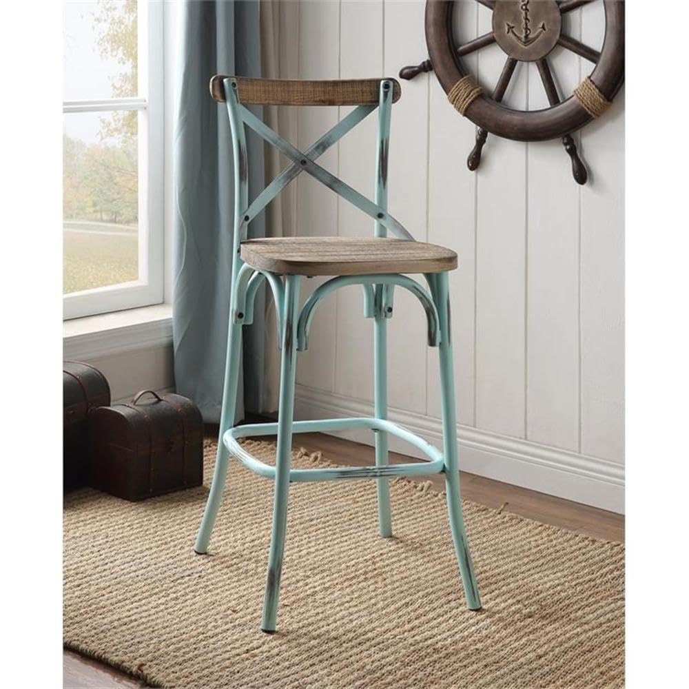 Acme Zaire Bar Stool with Wooden Seat in Antique Turquoise and Antique Oak